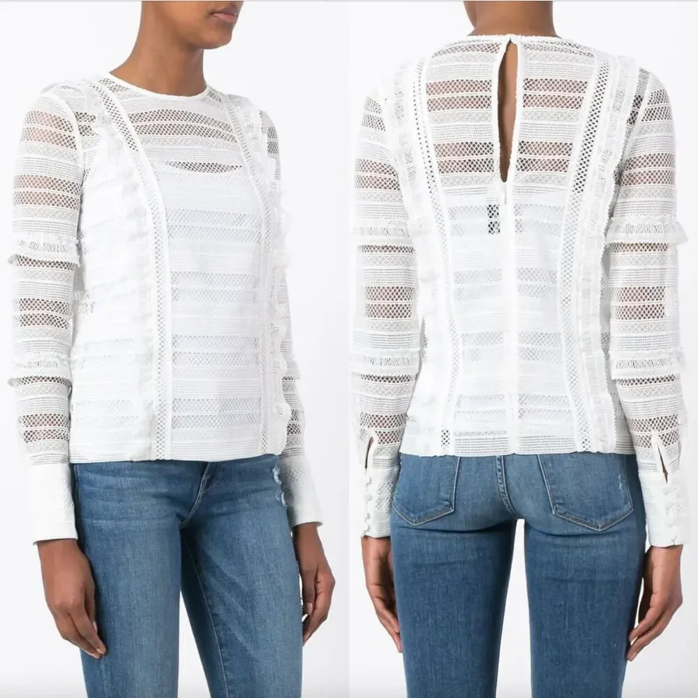 Self-Portrait White Lace Panel Long Sleeve Blouse Designer Top US 6